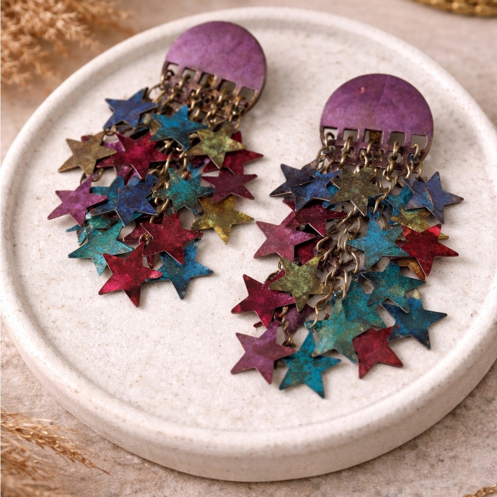 Vintage Patriotic Cascading Metal Star Clip-On Earrings | Made in India